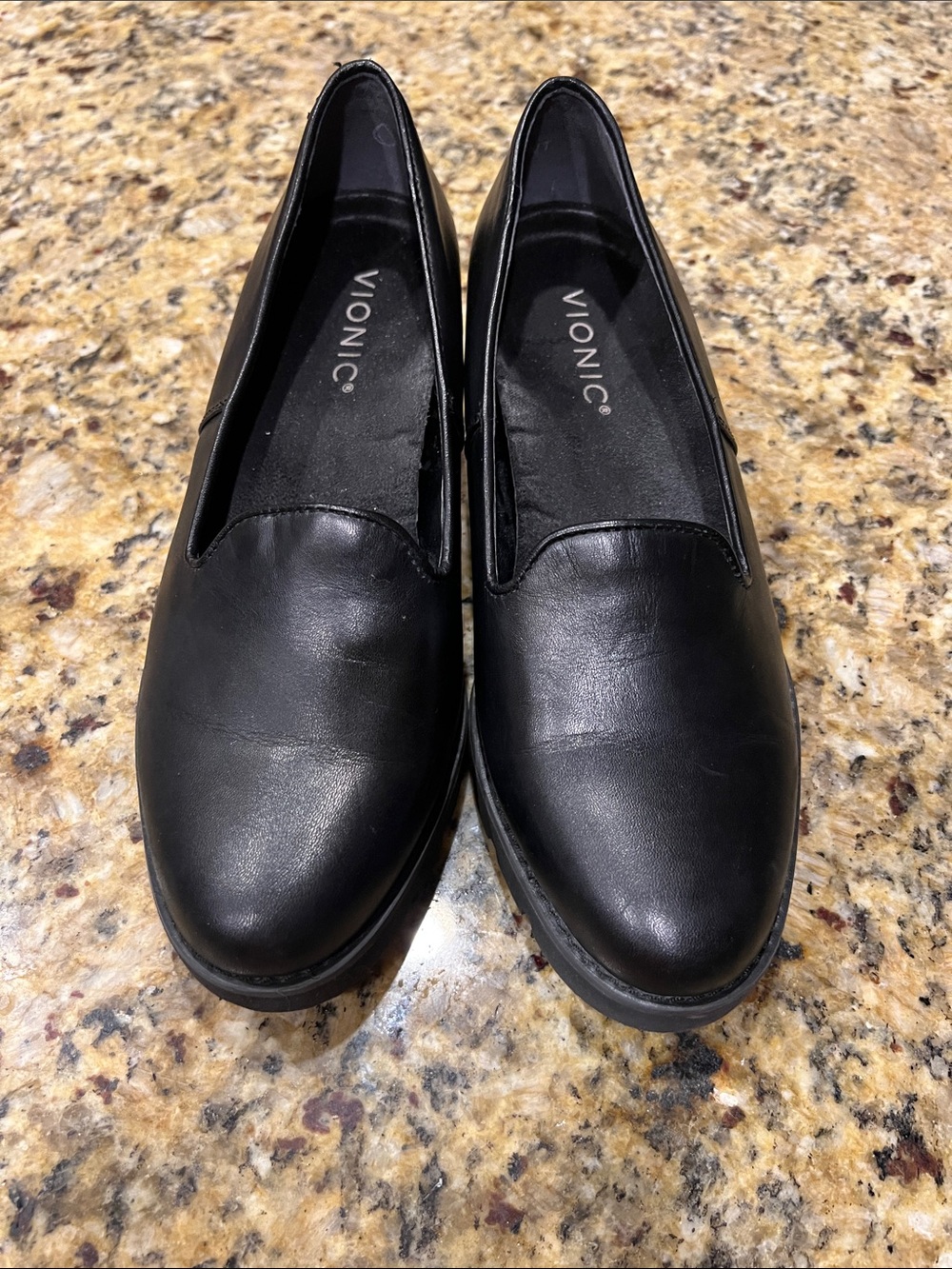 Vionic Black Leather Slip-On Flats for Women